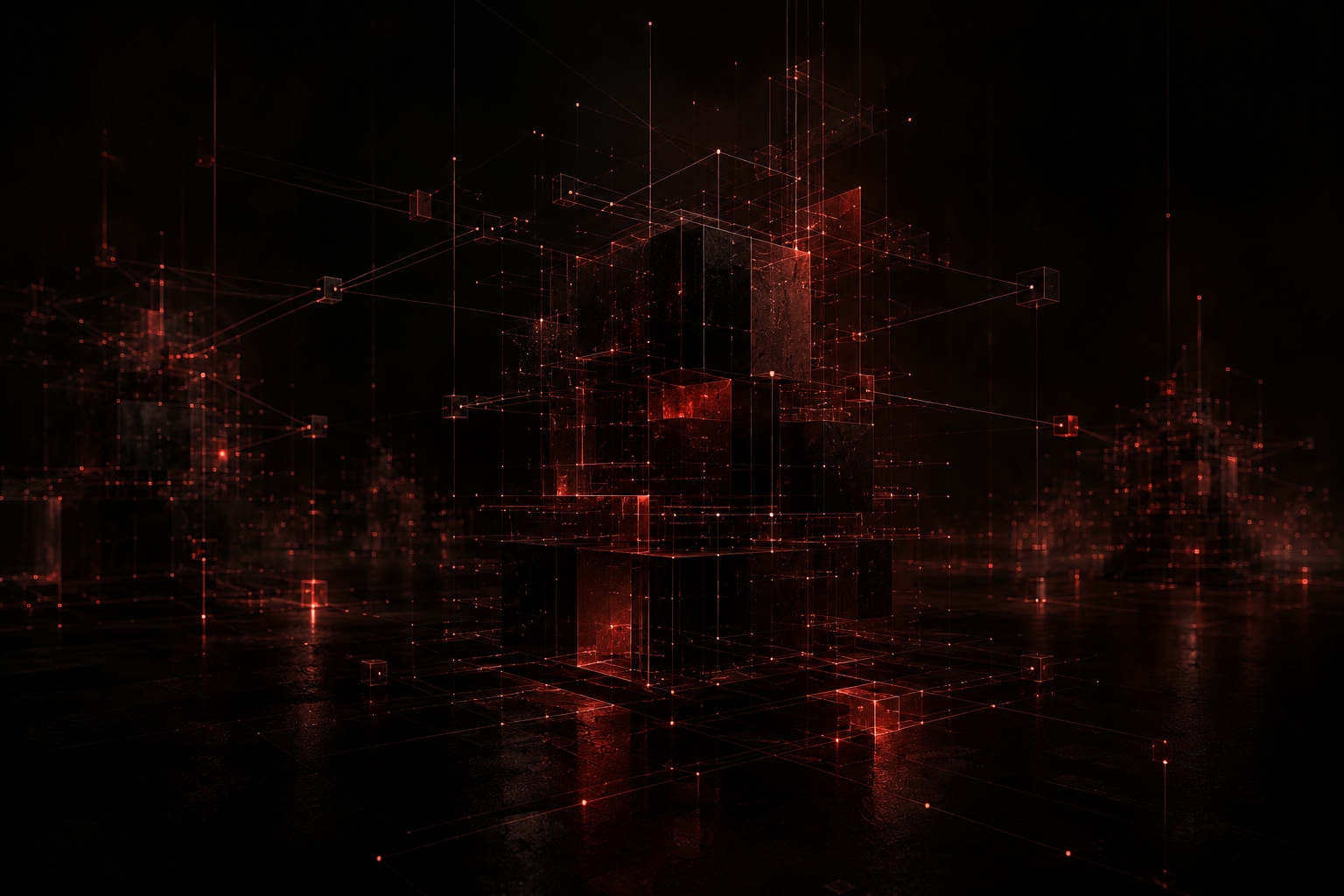 Abstract red wireframe architecture suspended in darkness