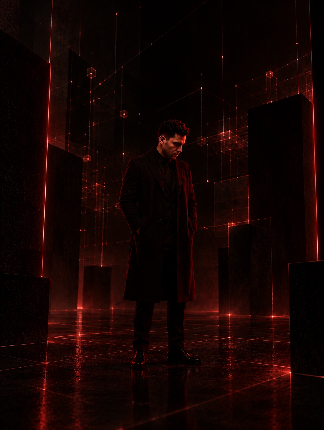 Figure standing on a red grid among dark monoliths